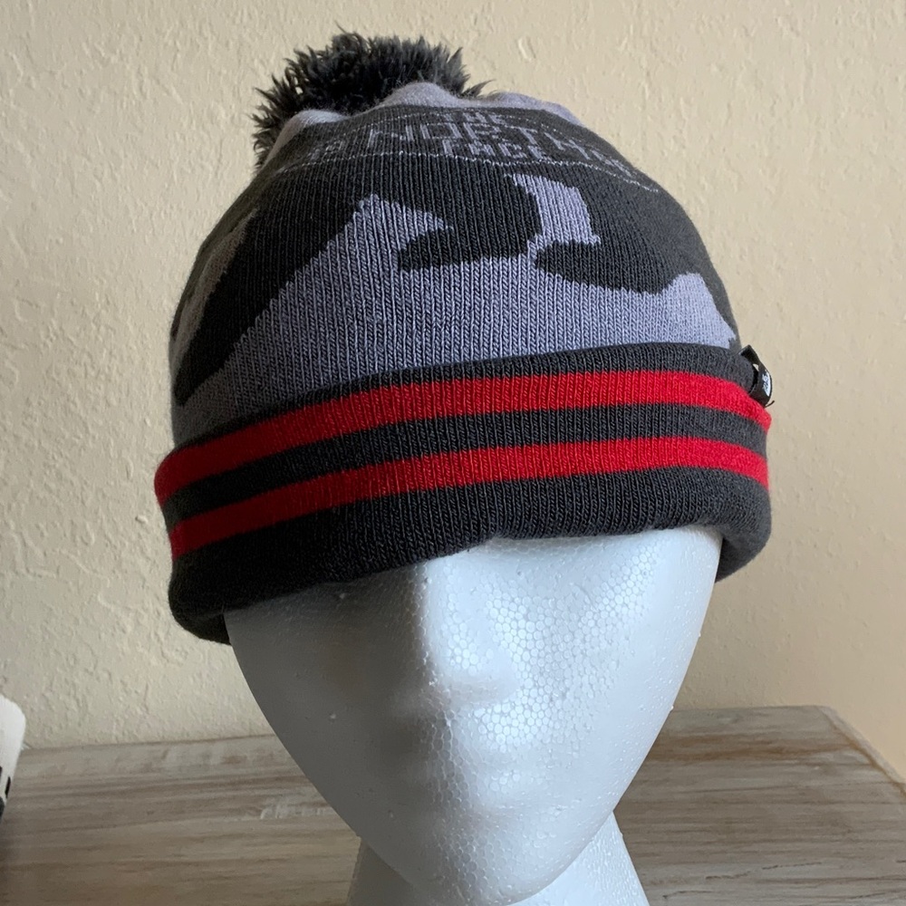 The North Face Gray and Black Beanie with Red Accents